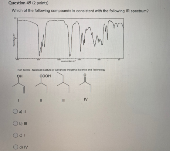 Question 49 (2 points) Which of the following compounds is consistent with the following IR spectrum? m how wenn Ref: SDBS -