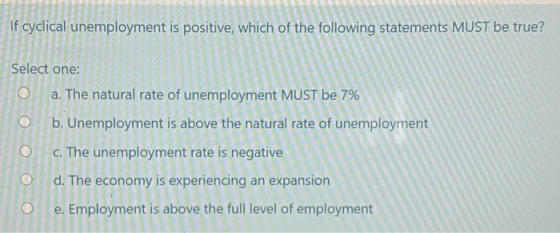 If cyclical unemployment is positive, which of the following statements MUST be true? Select one: a. The natural rate of unem