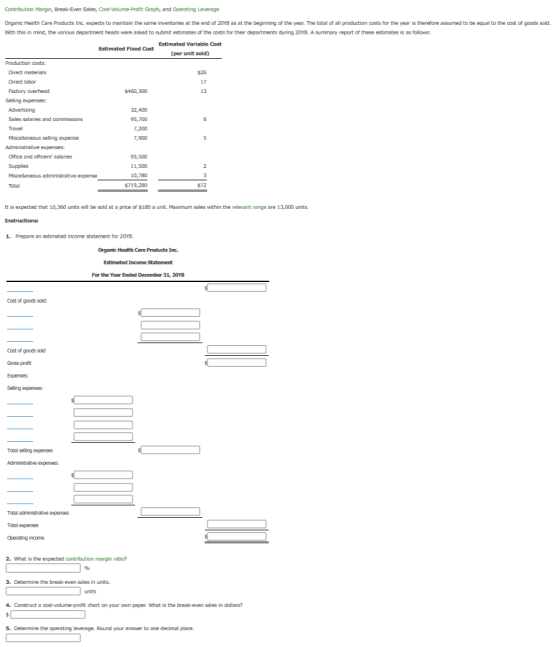 Contribution Margin, Break-Even Sales, Cost-Volume-Profit Graph, and Operating Leverage Organic Health Care Products Inc. exp