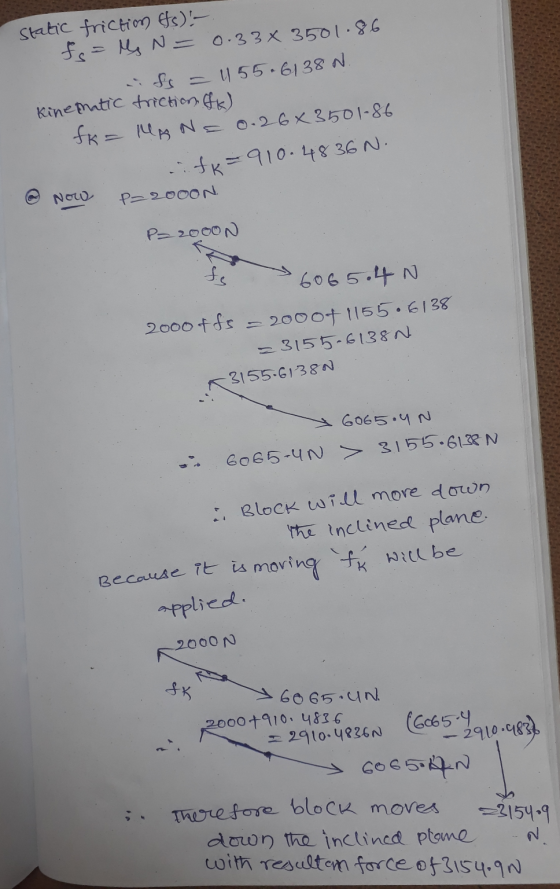 static friction Efs): - fs= M N = 0.33 x 3501.86 ds = 155.6138 N. Kinematic triction (f) fk = MAN= 0.26x3501-86 ifk=910.4836