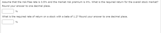 Assume that the risk-free rate is 3.5% and the market risk premium is 4%. What is the required return for the overall stock m