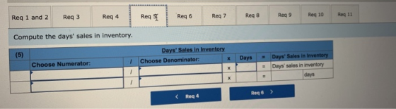 Req 1 and 2 Req3 Reg 4 Reqs Req 6 Reg 7 Reg 8 Reg 9 Req 10 Reg 11 Compute the days sales in inventory. (5) Choose Numerator: