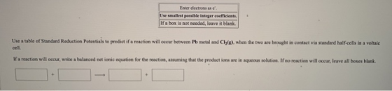 Enter clectrons as e Use smallest possible integer coefficients. If a box is not needed, leave it blank. Use a table of Stand