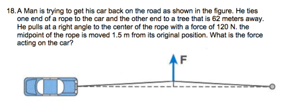 18.A Man is trying to get his car back on the road as shown in the figure. He ties one end of a rope to the car and the other end to a tree that is 62 meters away. He pulls at a right angle to the center of the rope with a force of 120 N. the midpoint of the rope is moved 1.5 m from its original position. What is the force acting on the car?