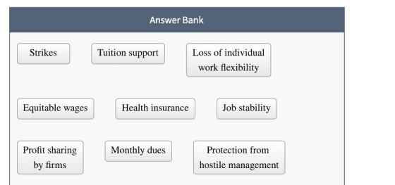 Answer Bank Strikes Tuition support Loss of individual work flexibility Equitable wagesH Health insurance Job stability Profit sharing by firms Monthly dues Protection from hostile management