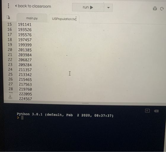 back to classroom run USPopulation.txt 15 21 22 main.py 191141 193526 195576 197457 199399 201385 203984 206827 209284 211357