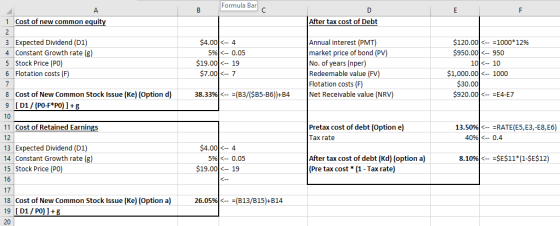 Formula Bar After tax cost of Debt 1 Cost of new common equity 2 3 Expected Dividend (D1) 4 Constant Growth rate (8) 5 Stock