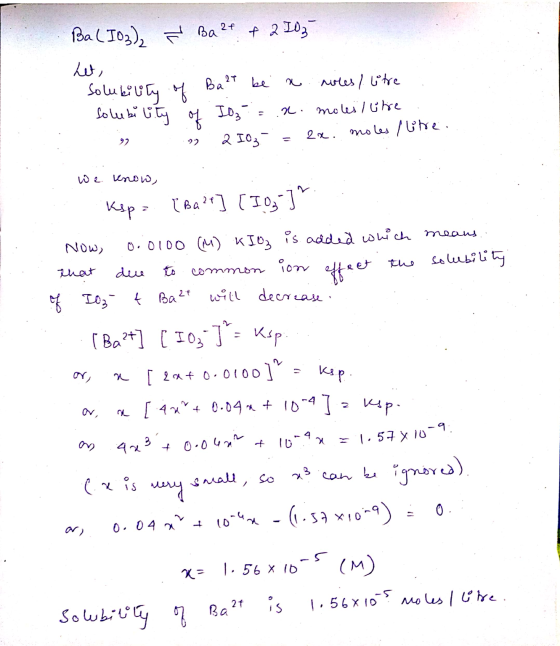BalI03), Ť Ba 21 & 2 103 het, solubility of Ba?t be a nues/ litre solubility of IO3 = .x. molestre » 99 210- = 2x. moles I Ch