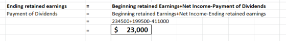 = Ending retained earnings Payment of Dividends = Beginning retained Earnings+Net Income-Payment of Dividends Beginning retai