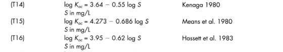 (114) Kenaga 1980 (115) Means et al. 1980 log Koc = 3.64 – 0.55 log S Sin mg/L log Koc = 4.273 -0.686 log S Sin mg/L log Koc