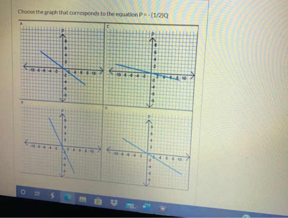 Choose the graph that corresponds to the equation P = -(1/2) А 6 4 2 2 10-664-2 46 8 10 2- + 9 +0> -2 -2 & 10 -4 PI D 6 4 6 4