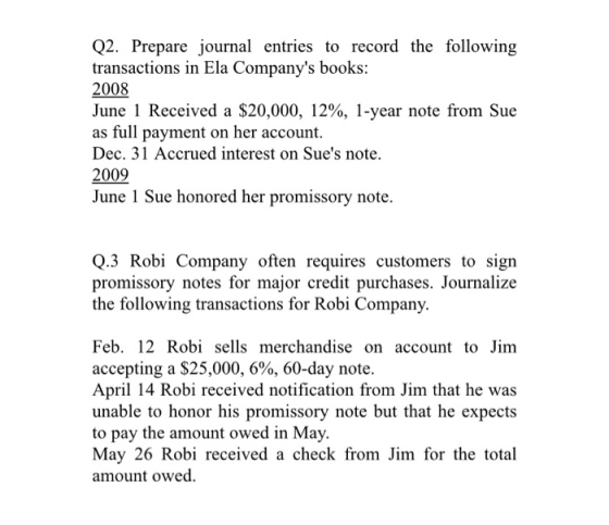 Q2. Prepare journal entries to record the following transactions in Ela Companys books: 2008 June 1 Received a $20,000, 12%,