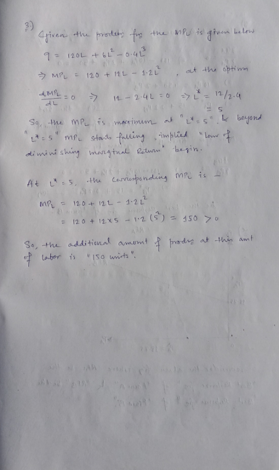 Given the prodem for the MPL is given below 9 = 120L + 62² _ 0.48 NON 601 MPL = 120 + 12L - 1.22 , at the optium AMPL = 0 & 1