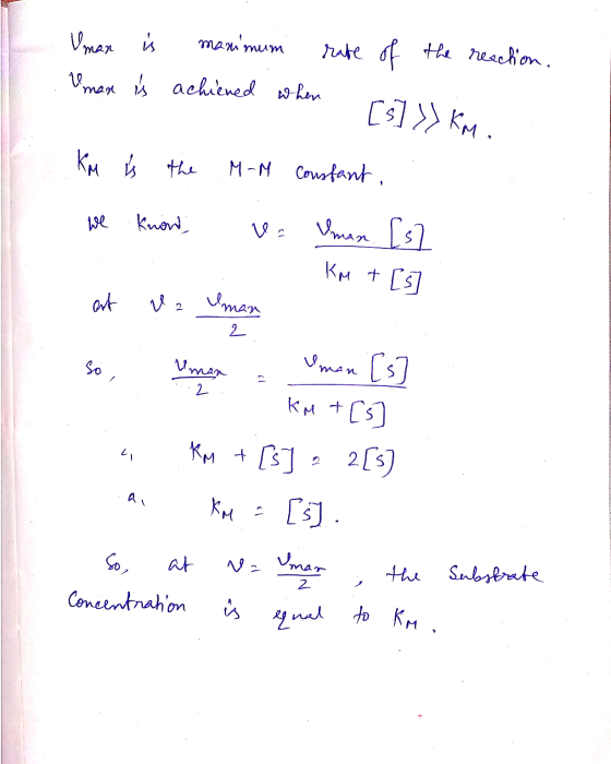 Uman is maximum rate of the reaction. man is achieved when rå [s] » Km Km į the M-M constant. . we knowd; v= Uman. [s] Km + [
