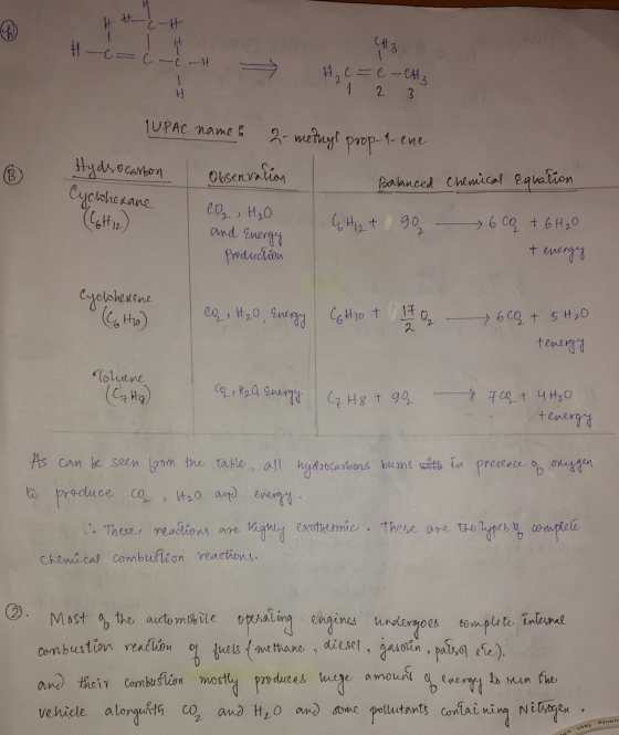 Htc-H 1 I I C - Ć - c-H CH H H₂ C = c - CA3 1 2 3 TUPAC name & 2. mednyl prop-1- ene Hydrocarbon Observation Balanced chemica