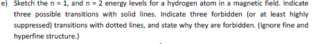 e) Sketch the n = 1, and n = 2 energy levels for a hydrogen atom in a magnetic field. Indicate three possible transitions wit
