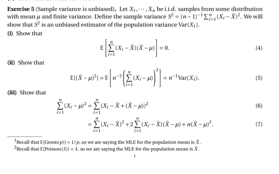 Exercise 5 (Sample variance is unbiased). Let X1, ... , Xn be i.i.d. samples from some distribution with mean u and finite va