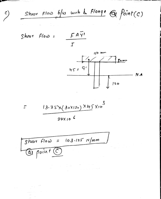 Sheer flow b/w web de Flange au point (e) or sheer Flow : FAYI I 150 mm 3 Z Yomr 45 T N.A 120 3 = 13.75X( 30X150) XLSX10 27X