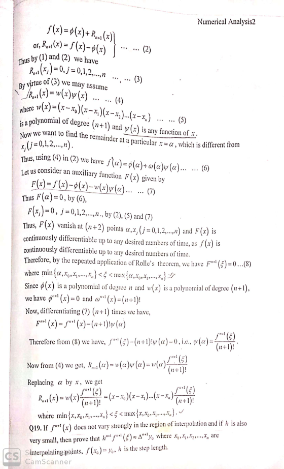 Numerical Analysis2 $(x)= $(x)+Rouy ()] or, Rou(x) = f (x)-°(x) \ -* ... (2) Thus by (1) and (2) We have Roxy(x) = 0, j = 0,1