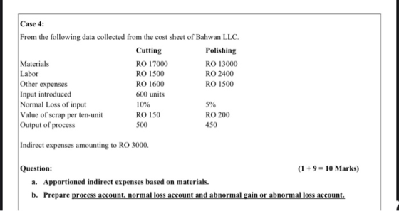 Case 4: From the following data collected from the cost sheet of Bahwan LLC. Cutting Polishing Materials RO 17000 RO 13000 La