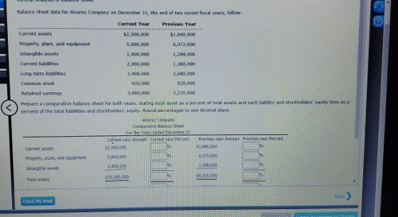 Balance sheet data for Alvarez Company on December 31, the end of two recent fiscal years, follow Current Year Previous Year