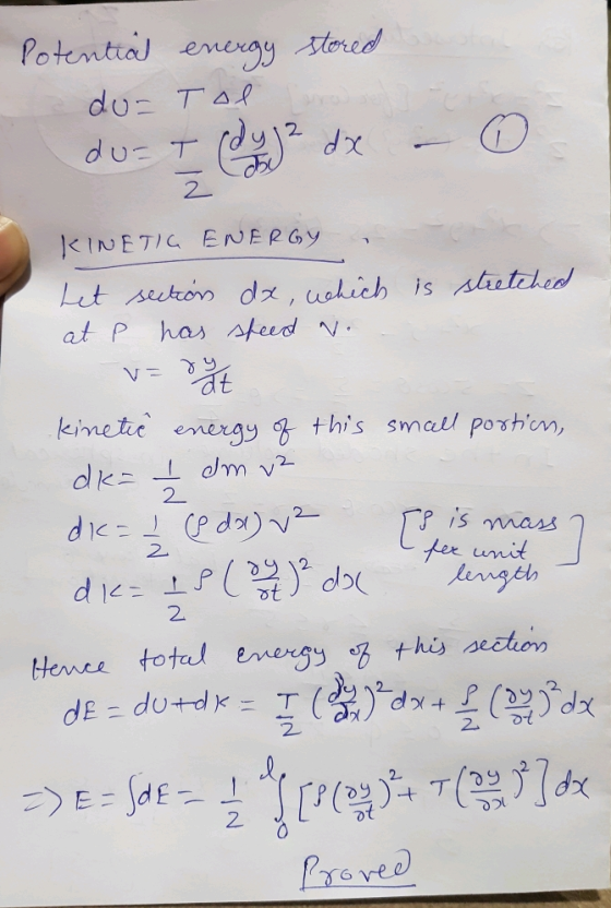 Potential energy stored du= Tol du= I (dyja dx – 0 2 KINETIG ENERGY Let section da, which is stretched at p has speed N. v=8e