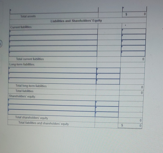 $ 0 Total assets Liabilities and Shareholders Equity Current liabilities 0 Total current liabilities Long-term liabilities: