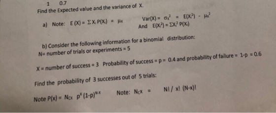 1 0.7 Find the Expected value and the variance of X. E (X)=EXP(X) Var(x)-o? And -E(x?)-me a) Note: = px E(X2)-DFP(%) b) Consider the following information for a binomial N- number of trials or experiments-5 distribution: x-number of success -3 Probability of uccess-sp- 04 and probability of filur 1p-0.6 Find the probability of 3 successes out of 5 trials: Note P(x): Nex px (1-p)NX Note: Nex NI / x! (Naji