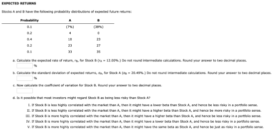 EXPECTED RETURNS Stocks A and B have the following probability distributions of expected future returns: Probability 0.1 (38%