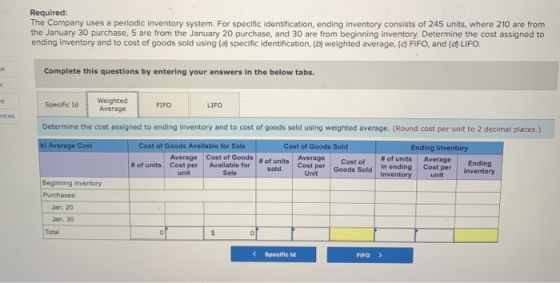 Required: The Company uses a periodic Inventory system. For specific identification, ending Inventory consists of 245 units,