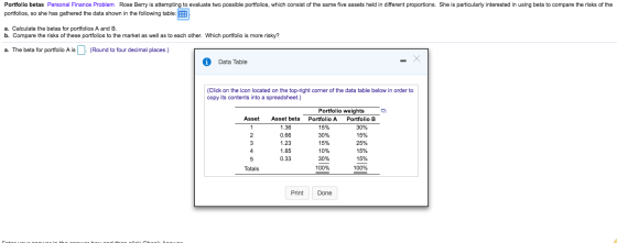 Portfolio betas Personal Finance Problem Rose Berry is attempting to evaluate two possible portfolios, which consist of the s