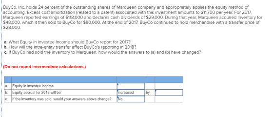 BuyCo, Inc. holds 24 percent of the outstanding shares of Marqueen company and appropriately applies the equity method of acc