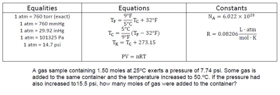 Constants NA = 6.022 x 1023 Equalities 1 atm = 760 torr (exact) 1 atm = 760 mmHg 1 atm = 29.92 inHg 1 atm = 101325 Pa 1 atm =