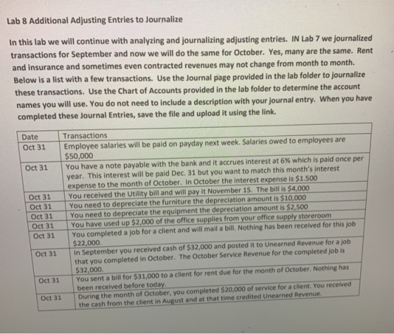 Lab 8 Additional Adjusting Entries to Journalize In this lab we will continue with analyzing and journalizing adjusting entri