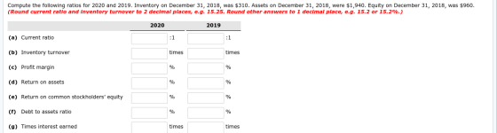 Compute the following ratios for 2020 and 2019. Inventory on December 31, 2018, was $310. Assets on December 31, 2018, were $