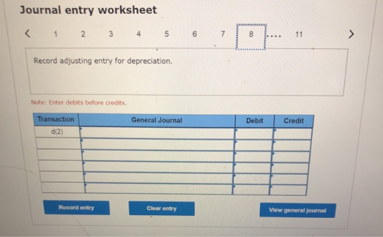 Journal entry worksheet K 7 1 2 3 4 6 8 11 Record adjusting entry for depreciation. Note: Enter debits before credits. Transa