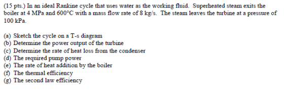 (15 pts.) In an ideal Rankine cycle that uses water as the working fluid. Superheated steam exits the boiler at 4 MPa and 600