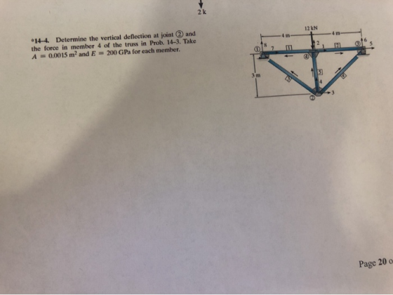 12 kN 144. Determine the vertical deflection at joint 2 and the force in member 4 of the truss in Prob. 14-3. Take A = 0,0015