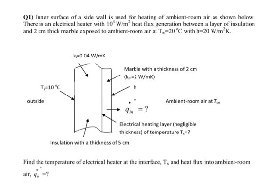 Q1) Inner surface of a side wall is used for heating of ambient-room air as shown below. There is an electrical heater with 10 W/m2 heat flux generation between a layer of insulation and 2 cm thick marble exposed to ambient-room air at T-20 °C with h-20 W/m2K. k-0.04 W/mK Marble with a thickness of 2 cm Ts= 10 ℃ outside Ambient-room air at To Electrical heating layer (negligible thickness) of temperature T-? Insulation with a thickness of 5 cm Find the temperature of electrical heater at the interface, Tx and heat flux into ambient-room air, qin =?