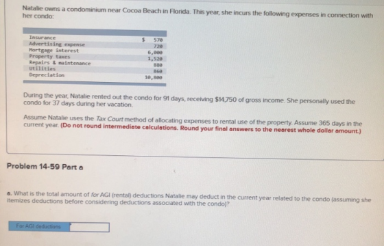 Natalie owns a condominium near Cocoa Beach in Florida. This year, she incurs the following expenses in connection with her c