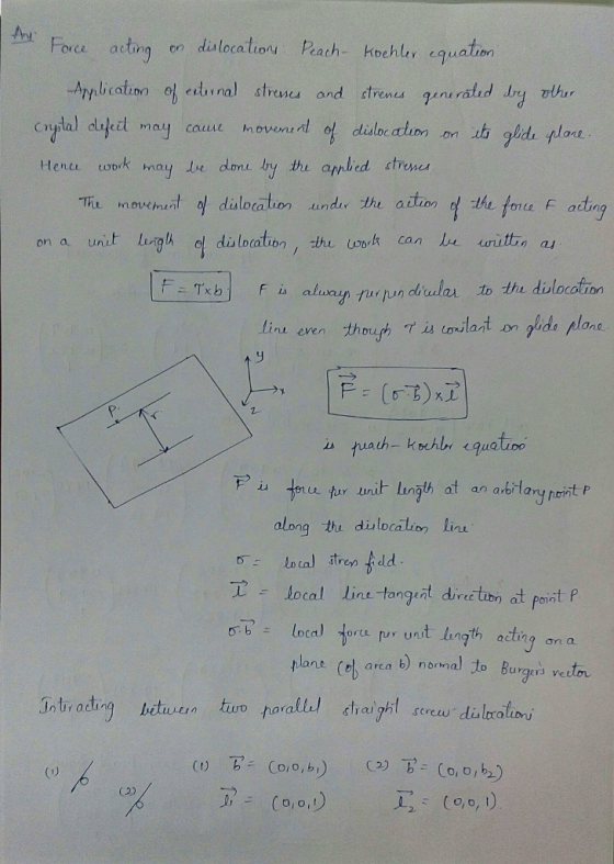 ce acting on diulocalion Peach- kehr cquation Thi mowe met of dislocation .undir the auton 렇 dALfm(L F ading alumaer yu pun diular to the dilocotiron in even dno at an arb la alnng thu dislocalim lie T Ξ local line-tangent direction at point p Bb: local torcer, runt lingth acting na plant (e barca b) nomalto Burgers vetn In trading butu Lan tur れarallel straight screeu dislroll by (リ o, o,I