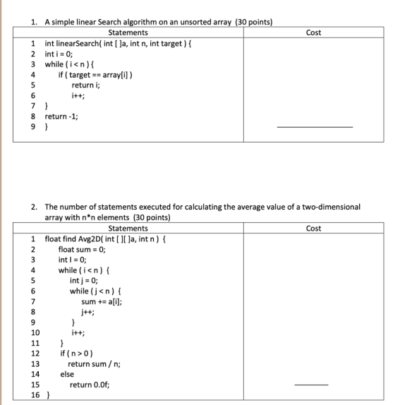 Cost vouw 1. A simple linear Search algorithm on an unsorted array (30 points) Statements 1 int linearSearch( int [ ]a, int n