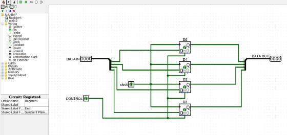 ALU4bit Register4 main2 Wiring F Splitter C Pin Probe Tunnel Pull Resistor DO Cock 1 Constant Power Ground A Transistor DATA OUT 000 .. Transmission Gate DATA IND000_ D1 Bit Extender Gates Plexers Arlthmetic 0 เป้ Memory 田、 Input/Output Base D2 clock Circuit: Register4 CONTROL0 Circuit Name Shared Label D3 Shared Label F.. SansSerif Plain...