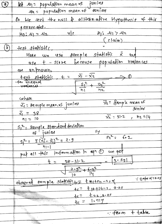 a lunios (6 let en population mean of junin the = population mean of seniors So We test the null of alternative Hypothesis of