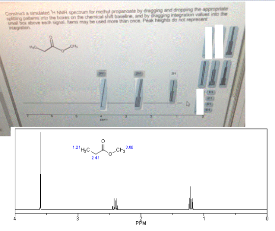 Comstrack a wlisted H NMR spectrum for vpleting pateme into the boxes on the chemical shift baseline, and by g and dropping ne appropriate integration values into he propanoate by tems may be used more than once Peak heights do hot represent stegaion 0 121 о.СН 3.60 2.41 PPM