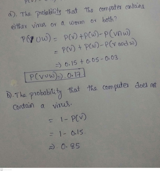 a). The probability that the computer contains either virus or a worm or both? PGX 0W) = P(V) +PCW) - P (vow) P(V) + PCW)-P(v