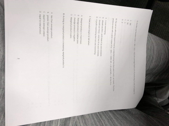5. For the cost function unction C(O) = 100+20 + 30%, the average fixed cost of producing 2 units of output is (Q 10 A 100 B.