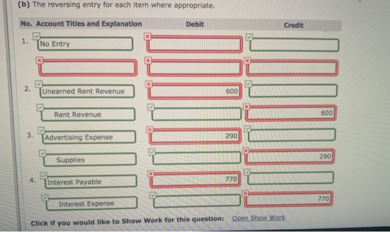 (b) The reversing entry for each item where appropriate. No. Account Titles and Explanation Debit Credit X 1. No Entry 2. Une