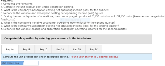 Required! 1. Complete the following: a. Compute the unit product cost under absorption costing. b. What is the companys abso