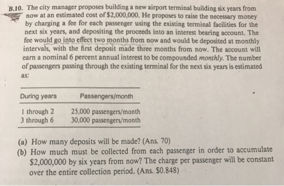 B.10. The city manager proposes building a new airport terminal building six years from now at an estimated cost of $2,000,00